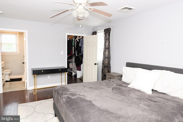 744 Caley Rd, King Of Prussia, PA 19406 - bedroom featuring wood-type flooring, a walk in closet, a closet, ensuite bath, and ceiling fan