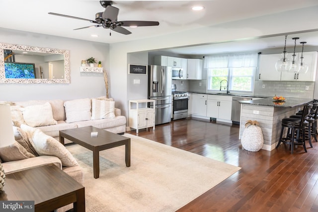 744 Caley Rd, King Of Prussia, PA 19406 - living area featuring ceiling fan, dark wood-style floors, and recessed lighting