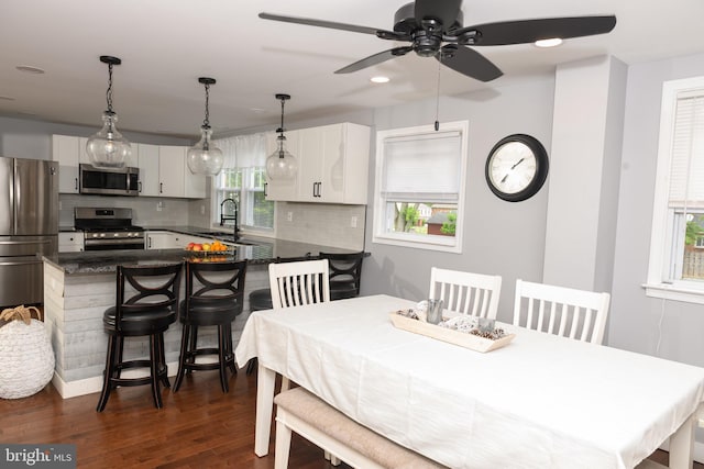 744 Caley Rd, King Of Prussia, PA 19406 - dining space with dark wood-style flooring, a ceiling fan, and recessed lighting