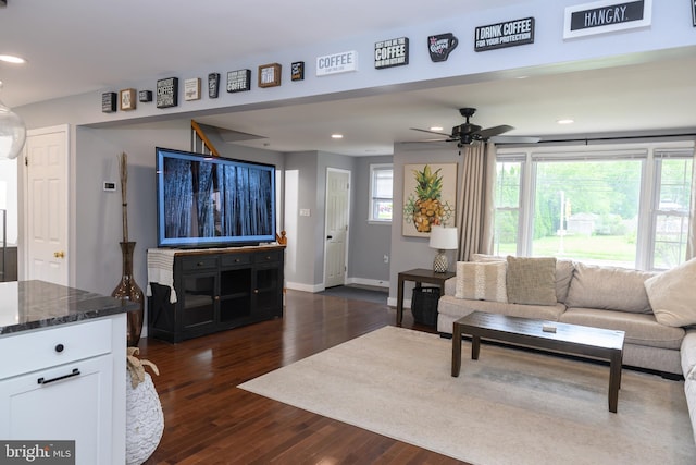 744 Caley Rd, King Of Prussia, PA 19406 - living room featuring dark wood-style flooring, a ceiling fan, and recessed lighting