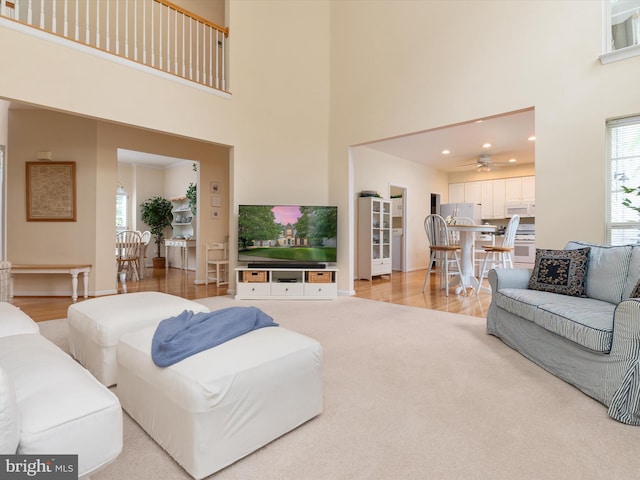 848 Sunny Chapel Rd, Odenton, MD 21113 - living room with a high ceiling, a ceiling fan, recessed lighting, and light wood finished floors