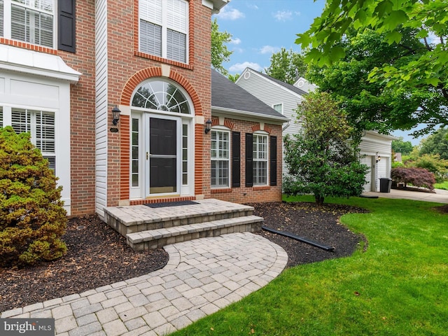 848 Sunny Chapel Rd, Odenton, MD 21113 - entrance to property featuring brick siding, a yard, and an attached garage