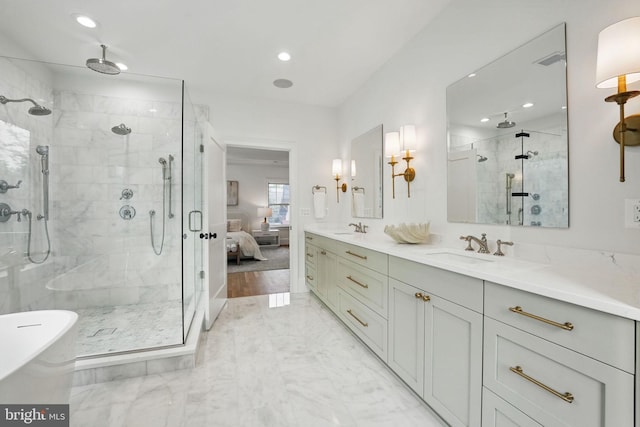 4705 25th St N, Arlington, VA 22207 - full bath with a shower stall, double vanity, marble finish flooring, recessed lighting, and a soaking tub