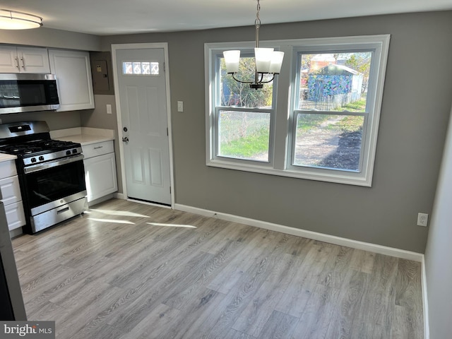 2011 Larkhall, Baltimore, MD 21222 - kitchen with stainless steel appliances, a chandelier, light countertops, light wood-type flooring, and electric panel