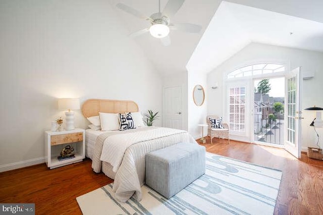 409 S Henry St, Alexandria, VA 22314 - bedroom with access to exterior, lofted ceiling, wood finished floors, and ceiling fan