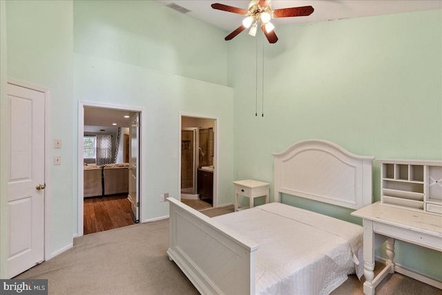 326 Brickhouse Rd, Princeton, NJ 08540 - bedroom featuring carpet floors, a towering ceiling, connected bathroom, and ceiling fan