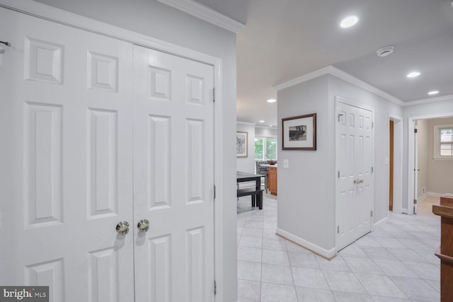 553 Choptank Cove Ct, Annapolis, MD 21401 - hallway with crown molding, light tile patterned floors, and recessed lighting