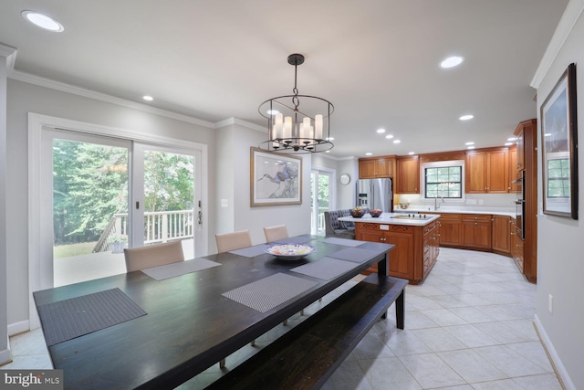 553 Choptank Cove Ct, Annapolis, MD 21401 - dining room featuring a chandelier, recessed lighting, light tile patterned floors, and crown molding