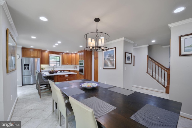 553 Choptank Cove Ct, Annapolis, MD 21401 - dining area featuring crown molding, recessed lighting, a chandelier, and stairs