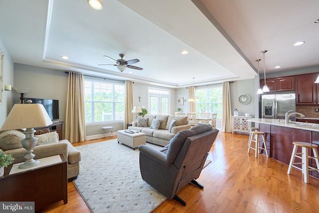 722 Cherry Tree Rd, Middletown, DE 19709 - living room featuring a tray ceiling, plenty of natural light, ceiling fan, and recessed lighting