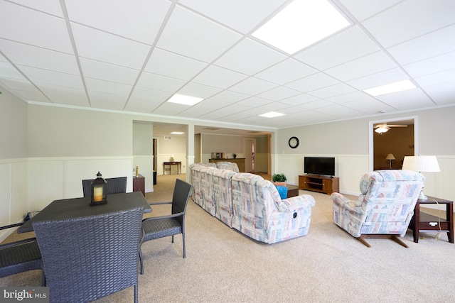722 Cherry Tree Rd, Middletown, DE 19709 - living room with a wainscoted wall, carpet floors, ceiling fan, and a paneled ceiling