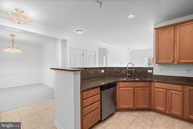 9713 Handerson Pl Unit 203, Manassas Park, VA 20111 - kitchen with stainless steel dishwasher, brown cabinets, light colored carpet, light tile patterned floors, and ornamental molding