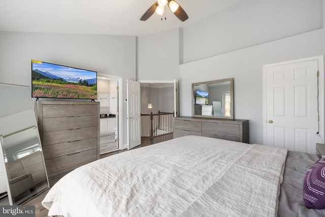 2517 Hunton Pl, Alexandria, VA 22311 - bedroom with wood finished floors, ceiling fan, and high vaulted ceiling