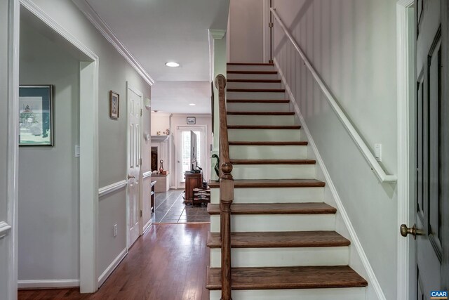 1505 Running Deer Dr, Keswick, VA 22947 - staircase with recessed lighting, wood finished floors, and crown molding