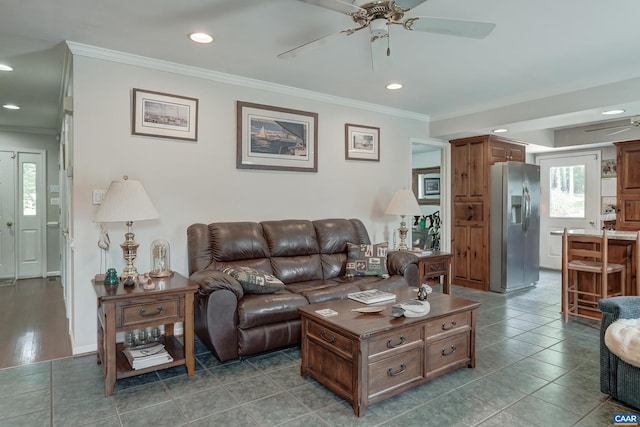 1505 Running Deer Dr, Keswick, VA 22947 - tiled living room featuring ceiling fan, ornamental molding, and recessed lighting