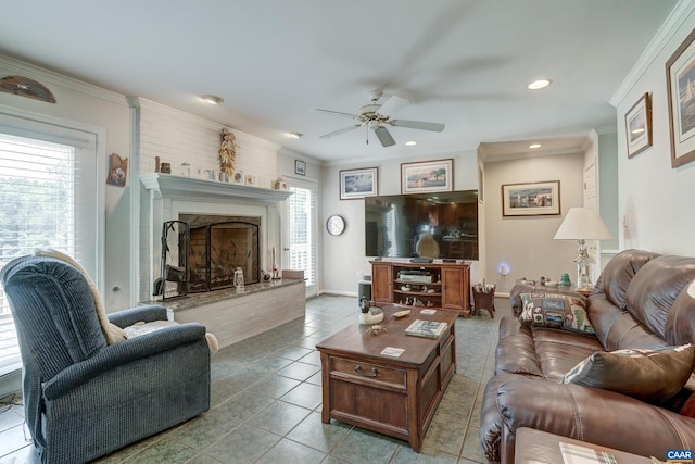1505 Running Deer Dr, Keswick, VA 22947 - living room with tile patterned floors, a ceiling fan, a fireplace with raised hearth, ornamental molding, and recessed lighting