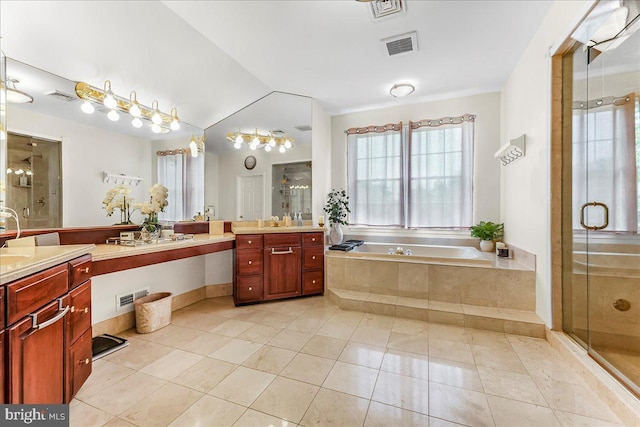 22 Thomas Speakman Dr Unit 76, Glen Mills, PA 19342 - full bathroom featuring vanity, a bath, a shower stall, and tile patterned flooring