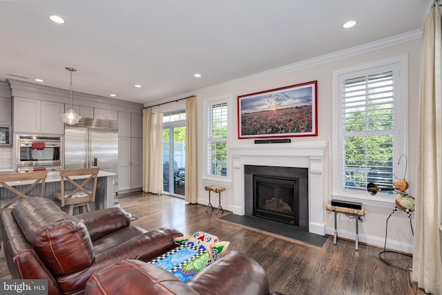 18 S Roberts Rd, Bryn Mawr, PA 19010 - living area featuring ornamental molding, plenty of natural light, dark wood finished floors, a glass covered fireplace, and recessed lighting