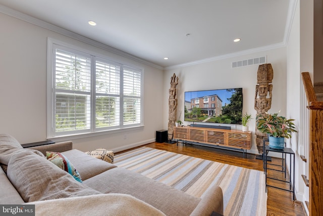 18 S Roberts Rd, Bryn Mawr, PA 19010 - living area with wood finished floors, healthy amount of natural light, crown molding, and recessed lighting