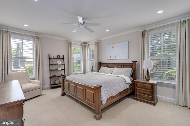 18 S Roberts Rd, Bryn Mawr, PA 19010 - bedroom featuring light colored carpet, ornamental molding, recessed lighting, and ceiling fan