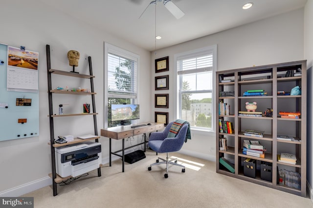 18 S Roberts Rd, Bryn Mawr, PA 19010 - office area featuring a ceiling fan, carpet, plenty of natural light, and recessed lighting