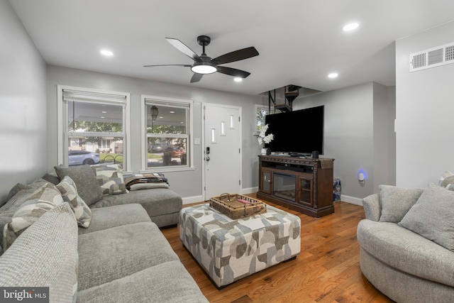 39 Roxeter Rd, New Castle, DE 19720 - living area featuring ceiling fan, wood finished floors, healthy amount of natural light, and recessed lighting
