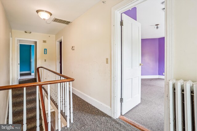 209 E Broad St, Falls Church, VA 22046 - corridor featuring carpet floors, radiator, and an upstairs landing