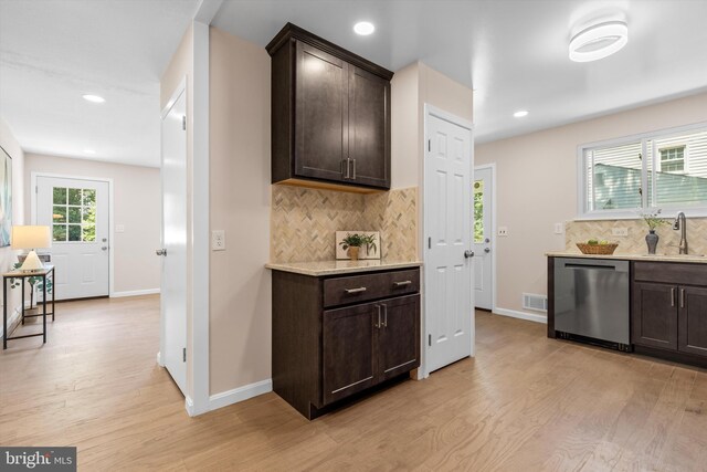 423 Highmeadow Rd, Reisterstown, MD 21136 - kitchen featuring stainless steel dishwasher, dark brown cabinets, backsplash, light wood-type flooring, and recessed lighting