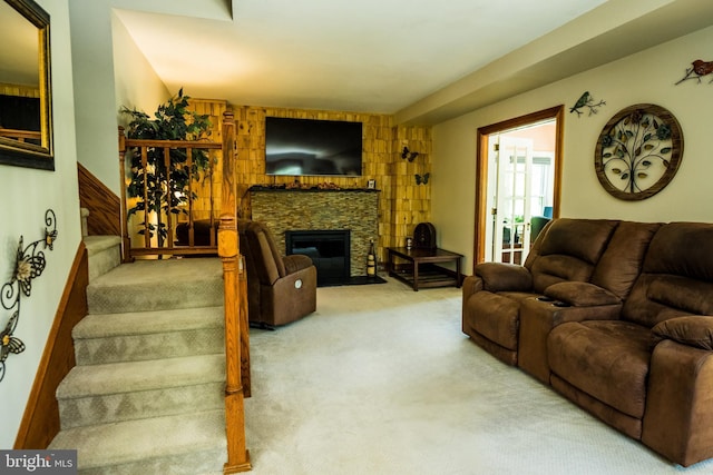 674 Good Intent Rd, Blackwood, NJ 08012 - carpeted living area with stairway and a fireplace