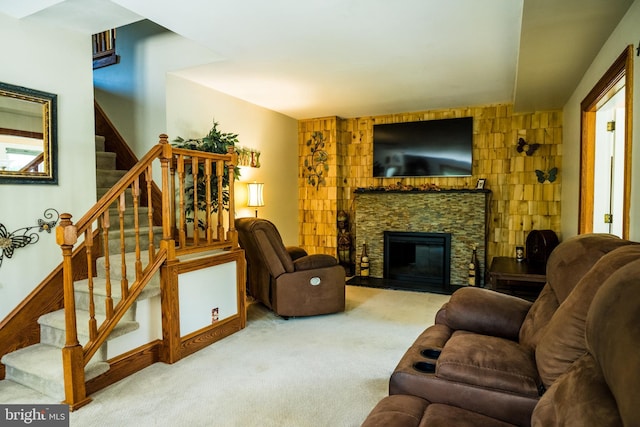 674 Good Intent Rd, Blackwood, NJ 08012 - living area with carpet floors, stairs, and a fireplace
