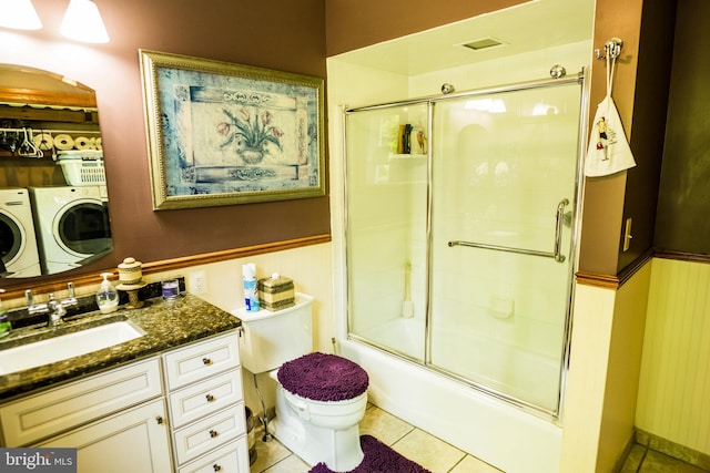 674 Good Intent Rd, Blackwood, NJ 08012 - full bath featuring washing machine and dryer, vanity, tile patterned flooring, and enclosed tub / shower combo
