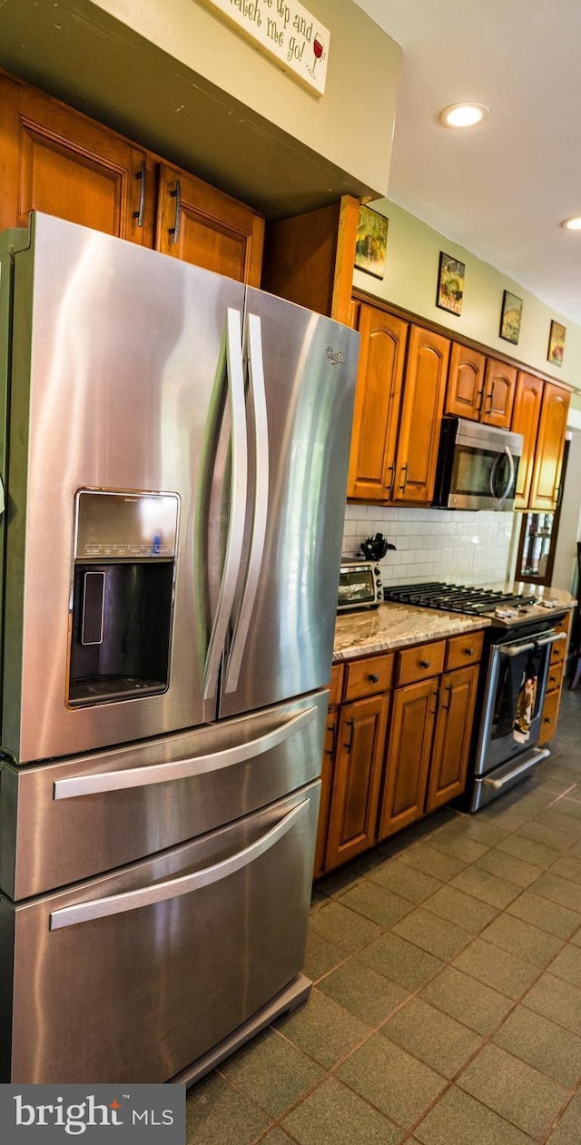 674 Good Intent Rd, Blackwood, NJ 08012 - kitchen featuring stainless steel appliances, brown cabinets, backsplash, recessed lighting, and granite tiled floors