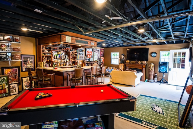 674 Good Intent Rd, Blackwood, NJ 08012 - playroom with pool table, a fireplace, and a community bar