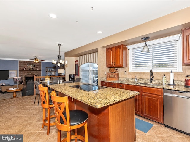 6108 Fieldcrest Dr, Frederick, MD 21701 - kitchen with dishwasher, black electric stovetop, a fireplace, a kitchen bar, and ceiling fan