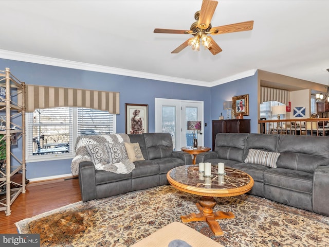 6108 Fieldcrest Dr, Frederick, MD 21701 - living area with a ceiling fan, wood finished floors, and ornamental molding