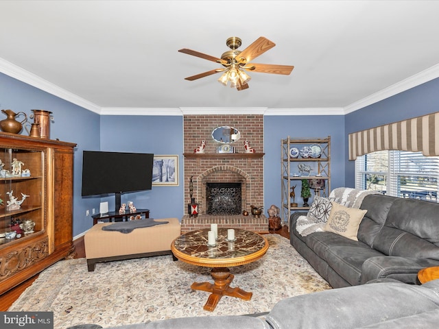 6108 Fieldcrest Dr, Frederick, MD 21701 - living area with wood finished floors, crown molding, a ceiling fan, and a brick fireplace
