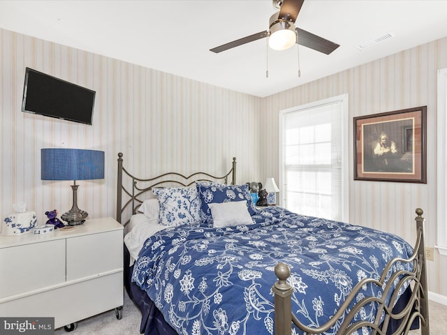 6108 Fieldcrest Dr, Frederick, MD 21701 - carpeted bedroom with wallpapered walls and ceiling fan
