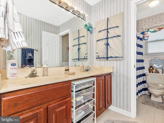 6108 Fieldcrest Dr, Frederick, MD 21701 - bathroom with wallpapered walls, tile patterned floors, double vanity, and a shower with shower curtain
