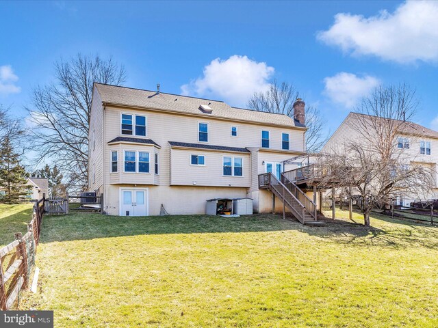 6108 Fieldcrest Dr, Frederick, MD 21701 - rear view of property featuring stairs, a chimney, a wooden deck, and french doors