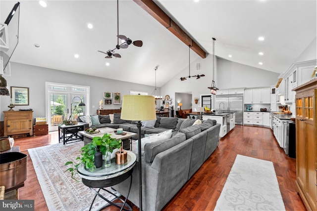 65 Shady Brook Ln, Princeton, NJ 08540 - living room with ceiling fan, beamed ceiling, dark wood finished floors, high vaulted ceiling, and recessed lighting