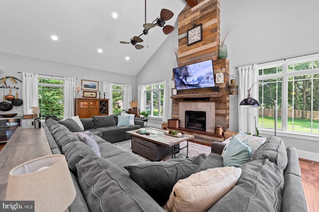 65 Shady Brook Ln, Princeton, NJ 08540 - living area featuring high vaulted ceiling, a ceiling fan, wood finished floors, a stone fireplace, and recessed lighting