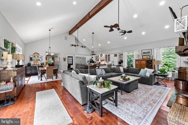 65 Shady Brook Ln, Princeton, NJ 08540 - living room with high vaulted ceiling, dark wood finished floors, beamed ceiling, and recessed lighting