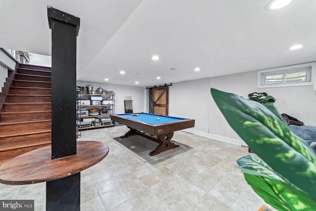 65 Shady Brook Ln, Princeton, NJ 08540 - rec room with recessed lighting, billiards, and a barn door