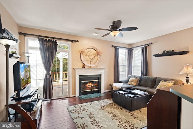 25336 Ripleys Field Dr, Chantilly, VA 20152 - living room featuring a high end fireplace, ceiling fan, and hardwood / wood-style floors