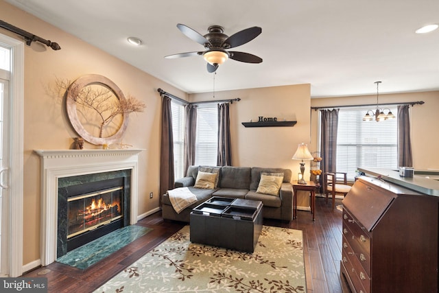 25336 Ripleys Field Dr, Chantilly, VA 20152 - living area with plenty of natural light, a ceiling fan, recessed lighting, and dark wood-style flooring
