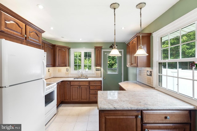 21 Jerrys Ave, Clayton, NJ 08312 - kitchen featuring white appliances, tasteful backsplash, light tile patterned floors, hanging light fixtures, and recessed lighting