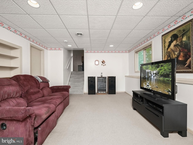 6250 Fairbourne Ct, Hanover, MD 21076 - living room with stairway, carpet floors, built in features, a paneled ceiling, and recessed lighting