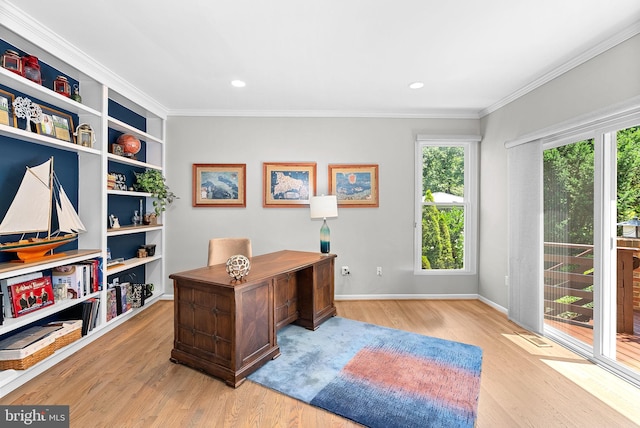 43251 Brownstone Ct, Ashburn, VA 20147 - office area with light wood-style floors, ornamental molding, and recessed lighting