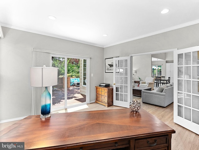 43251 Brownstone Ct, Ashburn, VA 20147 - office space featuring french doors, ornamental molding, light wood-style floors, and recessed lighting