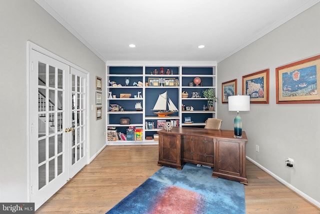43251 Brownstone Ct, Ashburn, VA 20147 - home office with french doors, wood finished floors, crown molding, recessed lighting, and built in shelves